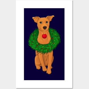 Cute brown staffy dog with a Christmas wreath Posters and Art